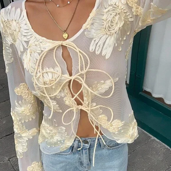 Apricot Elegant Women's Floral Mesh Long Sleeve Blouse - Picture 6 of 6